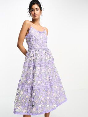 Y.A.S 3D Floral Embroidered Lace Midi Dress Lilac Size M